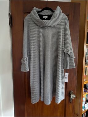 Robbie Bee Signature Gray Ribbed Cowl Neck Midi Dress